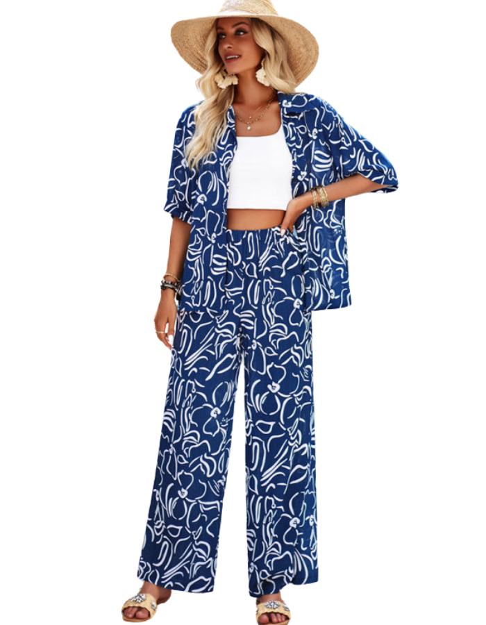 SHOPIQAT New Women's Casual Fashion Printed Lapel Short-Sleeved Shirt and Trousers Vacation Suit - Premium from shopiqat - Just $12.900! Shop now at shopiqat